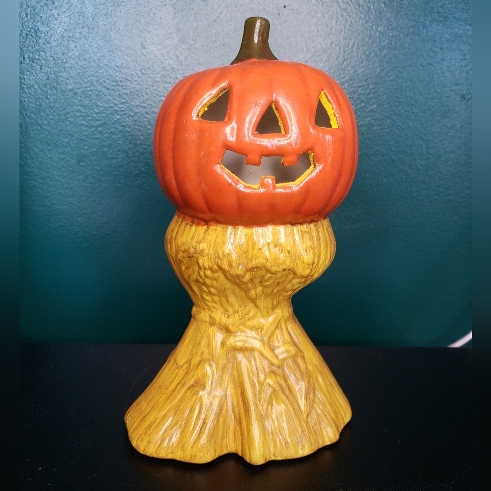 Vintage Halloween - Handmade Ceramic Pumpkin Haystack Figure 1970s mold